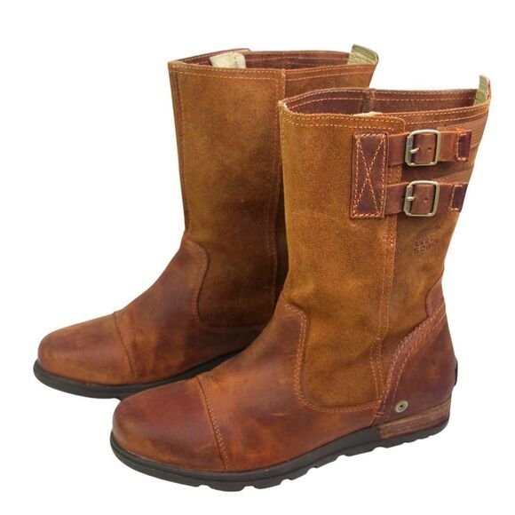 Sorel BROWN GENUINE LEATHER LOW HEEL ROUND TOE FLAT BUCKLE BELTED BOOTS Sz 8 - Picture 3 of 14